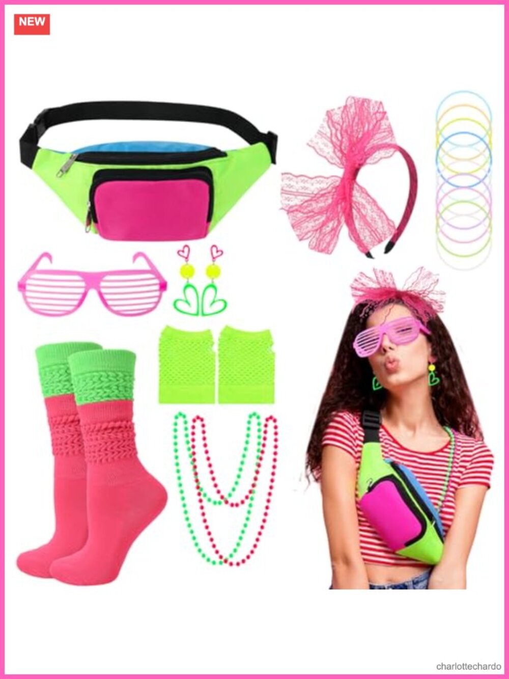 80s Costume Accessories Set Women Neon Fanny Pack Fishnet Gloves
